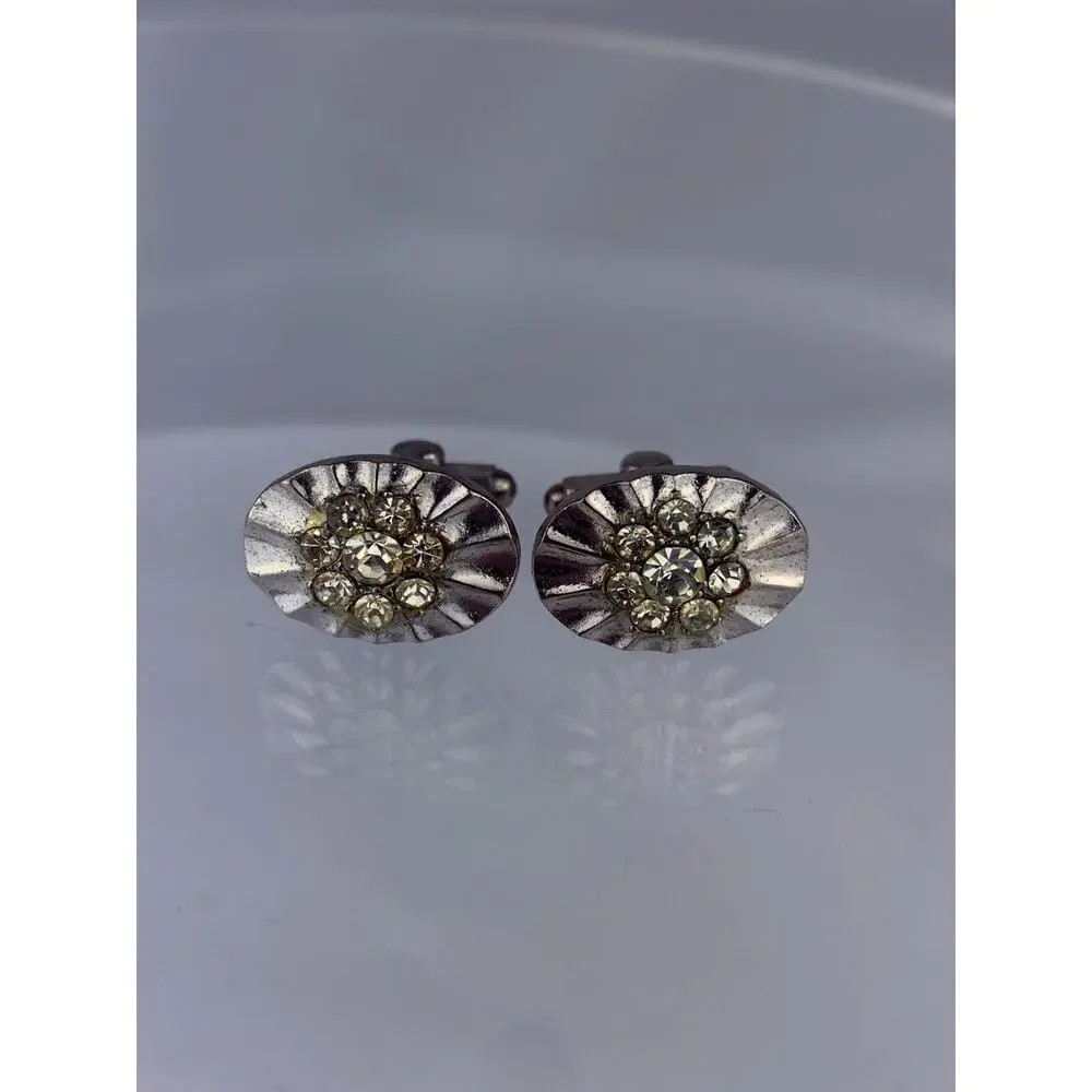 Crystals Cluster Silver Tone Cufflinks Small Sparkle Rays Ruffles Vintage